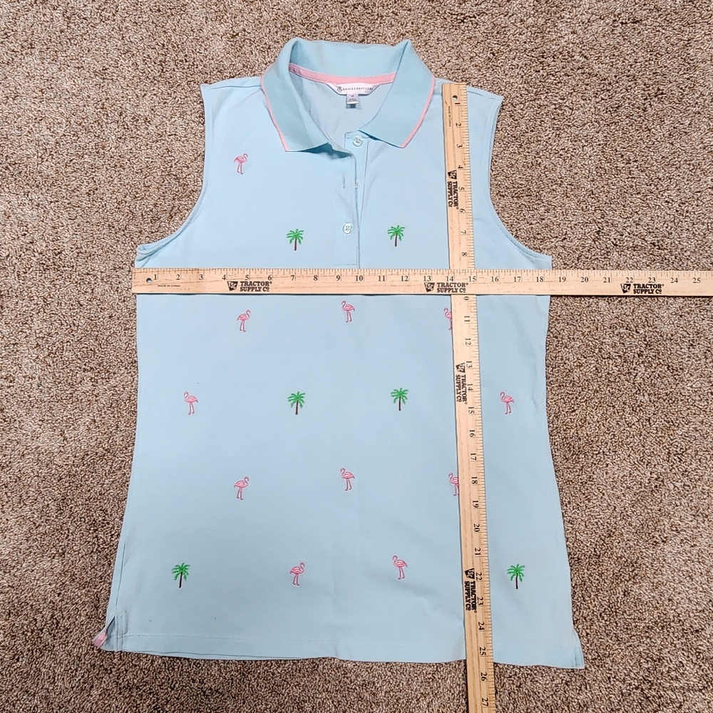 Light Blue Sleeveless Polo with Pink Flamingos and Green Palm Trees Size M - Picture 9 of 12